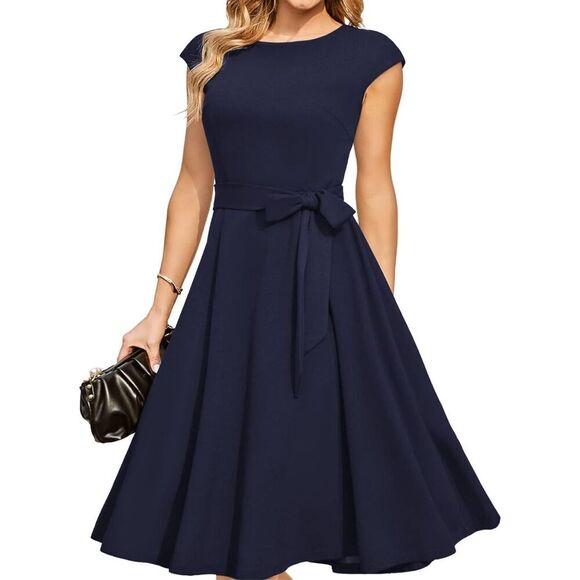 NEW Navy Blue Modest Holiday Party Prom Dress XL NO BELT - Picture 1 of 6